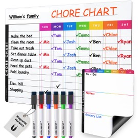 Magnetic Chore Chart Dry Erase Whiteboard Set - Pocket Charts for Multiple Kids, Teens & Adults (15"x 11.5"), Daily to-Do, Grocery, Notes (9"x 7") -Behavior Chart for Fridge & 6 Fine Tip Markers