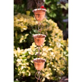 Monarch Rain Chains 26558 Pure Copper Hammered Cup Rain Chain Replacement Downspout for Gutters, 8-1/2 Feet Length