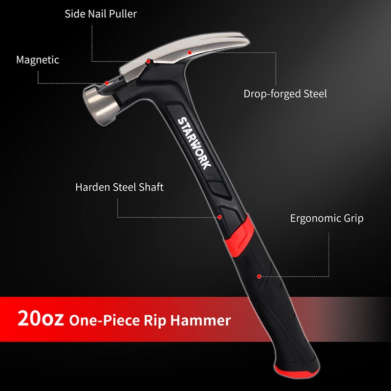 STARWORK One Piece Rip Hammer with Comfort Grip Handle for