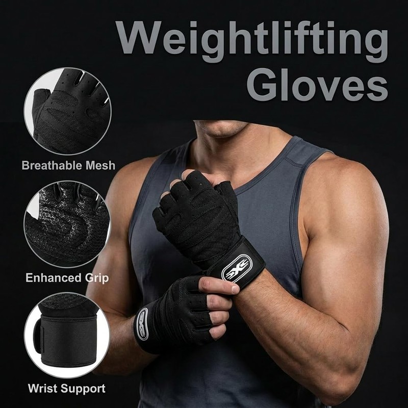 Weight Lifting Gloves with Wrist Support Full Palm Grip Black