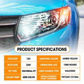 Cahuczlhoz 2 Pack PWY24W 12174NA Bulb Turn Signal Light 24W 12V Halogen Front Turn Signal DRL and Parking Lights Replacement For most vehicles