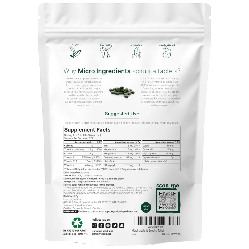 Micro Ingredients Organic Spirulina Supplement, 3000Mg Per Serving, 72