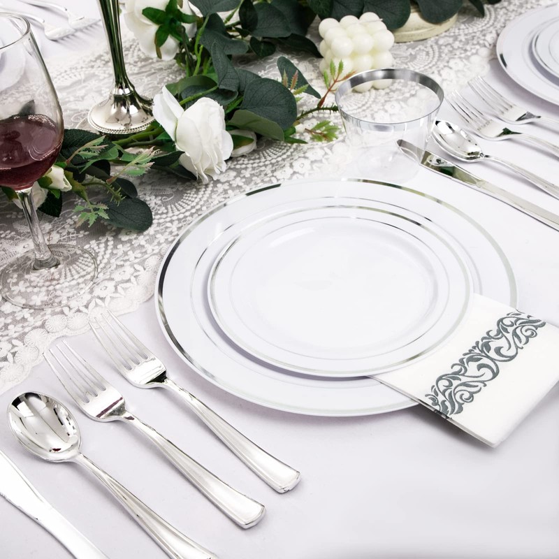 bUCLA 350PCS Silver Plastic Dinnerware Set for 50 Guests -