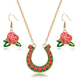 BSJELL Derby Jewelry Set Kentucky Derby Horseshoes Necklace Earrings for Women Rhinestone Rose Dangle Earrings Horse Racing Fan Gifts
