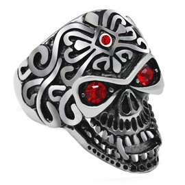 OAKKY Men's Stainless Steel Red Cubic Zircon Eye Skull Ring Flower Biker Gothic Band, Size W