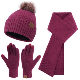 Womens Winter Beanie Hats Long Scarf Neck Touchscreen Gloves Set Knitted Pompom Cap with Thermal Fleece Lined