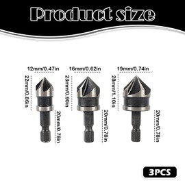3-Piece 1/4" Hex Shank Countersink Drill Bit Set, 5-Flute 90° Chamfer Bits (12mm/16mm/19mm) for Woodworking & Metal, High-Speed Steel HSS