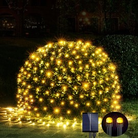 WBao Solar Christmas Net Lights 200LED F8 Big Bulbs, 8.4ft x 5.2ft Christmas Bushes Lights with Remote Control, 8 Modes, Timer, Waterproof for Lawn, Bushes, Trees Outdoor Xmas Decorations, Warm White