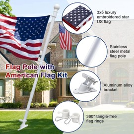 Barcetine Flag Pole Kit - Includes 5ft Heavy Duty Tangle Free Flagpole,3x5 Embroidered American Flag, Metal Aluminum Holder Bracket,for Outside House,Porch,Outdoor - White
