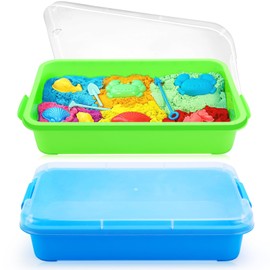 QGGTQG Sandpit with Lid, Sensory Bin with Lid for Children, Plastic Tray, Sandpit Cover, Sensory Sandbox Container for Water, Sand, Beads and More (Green and Blue)