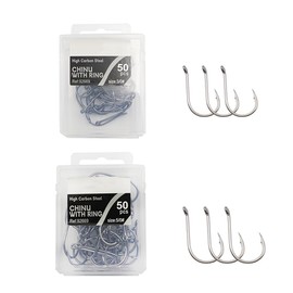 FONGKNOX 100 Pcs Chinu Fishing Hook set of #5/0 & #3/0 50pcs per Size Eyed Fishing Hook High Carton Steel Durable Sharpness Barbed 5H Hardness Strengthed Bend Freshwater Saltwater Sea Fishing Trackle