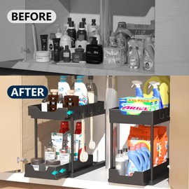 mosala 2 Pack Under Sink Organizers and Storage - 2 Tier Sliding Cabinet - Under Sink Organizer with Hooks - Multi-Purpose Under The Sink Organizer for Bathroom Kitchen - Black