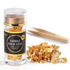 Cobakey Genuine Edible Gold Leaf Flakes - 50mg Edible Gold Flakes for Cake Decoration (Cupcake, Chocolate, Steak, Drink & Cooking), PureGold Leaf with Edible Glitter & Wooden Tweezers