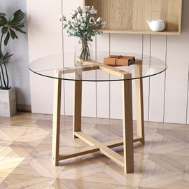 Tangkula 42" Round Glass Dining Table for 4-6, 0.3” Tempered Glass Tabletop with X-Shaped Rubber Wood Frame, Modern Kitchen Table for Home Kitchen Dining Room Breakfast Nook (Single Glass Tabletop)