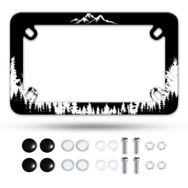 Motorcycle Mountain Forest License Plate Frame Mountains Landscape Stainless Steel Material Funny Motorbike License Plate Holder Motorcycle Accessories 7" X 4" Inch