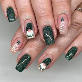 Vopintpy Winter Xmas Press on Nails Medium Square Fake Nails Glitter Green Gnome Glue on Nails with Christmas Tree Design Mirror Reusable Stick on Nails for Women DIY Manicure Decoration