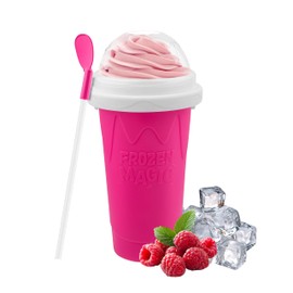 Slushy Cup & Slushy Maker Portable Smoothie Slushie Squeeze Cup for Juices, Milk and Ice Cream Make, Double Layers Silica with Lid & Straw for Kids, Friends & Family (PINK, STANDARD SIZE)