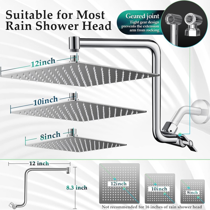 Rain Shower Head Extension Arm, Upgrade 12 Inch Metal Shower