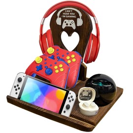 ZHYEED Wooden Headset Stand with Controller Holder - Multi-Functional Gaming Organizer for Desk, Detachable Design w/Phone Slot - Perfect Gamer Gift for Men, Dad, Graduation