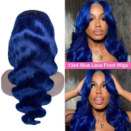 20 Inch Blue Wig Body Wave Lace Front Wigs Human Hair 13x4 HD Transparent Lace Front Human Hair Wig Pre Plucked Colored Glueless Lace Frontal Dark Blue Wigs for Women