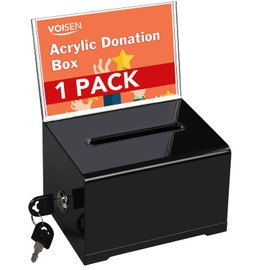 VOISEN Acrylic Donation Box with Lock, Black Tip Jar with Sign Holder, Suggestion Box for Fundraising, Donation, Bar, School Voting, 6.2x4.6x3.9 Inch