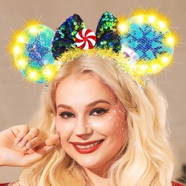 CAKURE Light Up Christmas Headband Led Mouse Ear Headbands Glitter Xmas Bow Headpiece Holiday Christmas Hair Accessories for Women and Girls (c-Green Bow, one size)