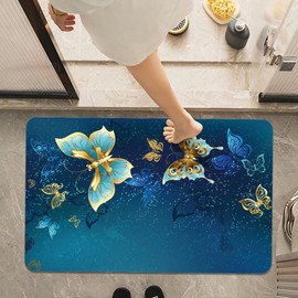 Bath Mat Rug,Blue and gold butterfly Non-Slip Super Absorbent Quick Drying Bathroom Floor Mat,Fit Under Door,Easy to clean,Shower Rug for Shower Sink Bathtub(20" x 31"Rectangle)