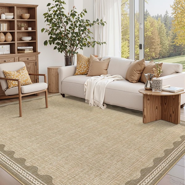 Scalloped Washable Rugs 9x12 Rug for Living Room Non-Slip Solid