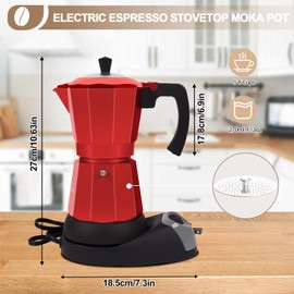 Aluminum Electric Moka Pot 5-6 Cup 270ml Express Coffee Maker Stovetop Espresso Portable Coffeemaker Italian Classic Brewing Greca Cafe Mocha with Removable Base and Overheating Protection Machine