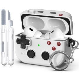 MHYALUDO Kompatibel mit AirPods Pro 2. Generation Hülle, Schutzcover im Player-Design mit sichtbarer Front-LED, stoßfest für AirPods Pro 2/1 (2023/2022/2019), Gaming-Stil, Weiß