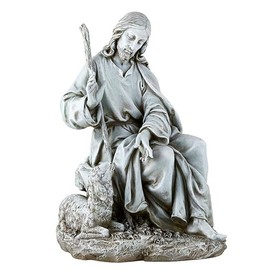 Avalon Gallery Garden Statue - Jesus The Good Shepherd Stone-Resin Indoor/Outdoor Catholic Sculpture, 17.5" Tall, Seated with Sheep
