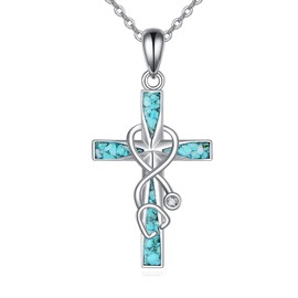 ONEFINITY Turquoise Cross Necklace 925 Sterling Silver Nurse Cross Pendant Necklaces Stethoscope Cross Necklace Religious Jewellery Nurse Doctor Graduation Gift for Medical Student