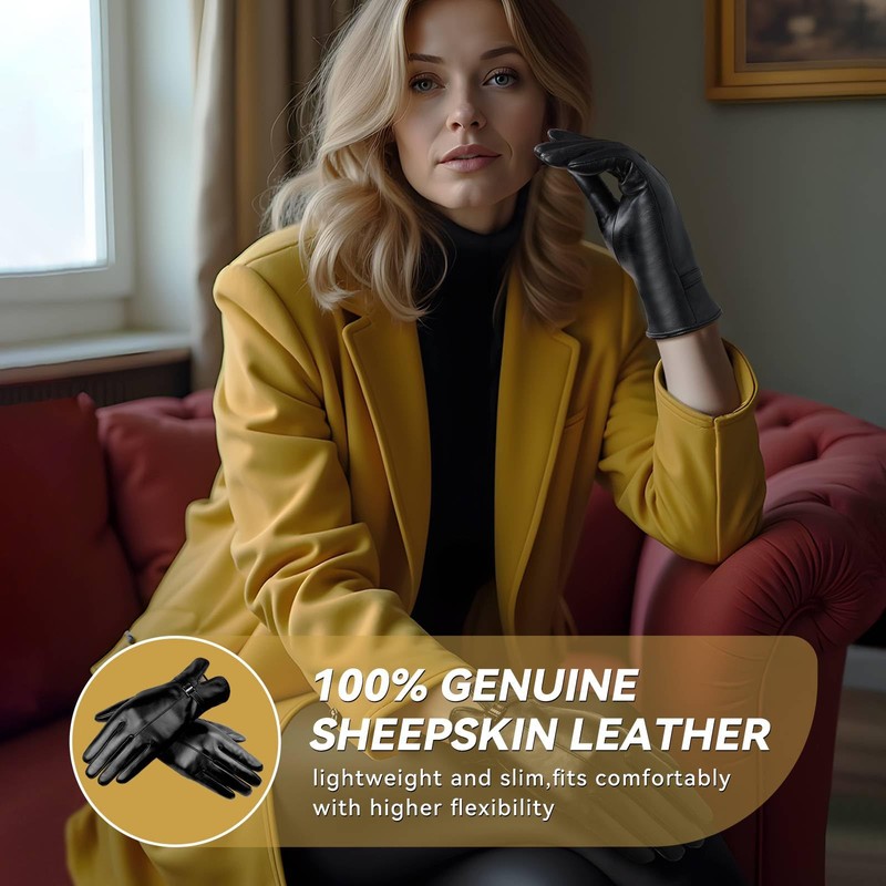 OZERO Winter Leather Glove for Women: Sheepskin Wool Warm Gloves
