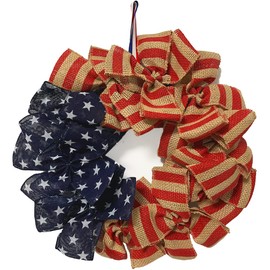 Summer Patriotic Front Door Wreath, 16" 4th of July Independence Day Decorative Wreath for Front Door America Patriotic Flag Burlap Farmhouse Memorial Day Window Decor