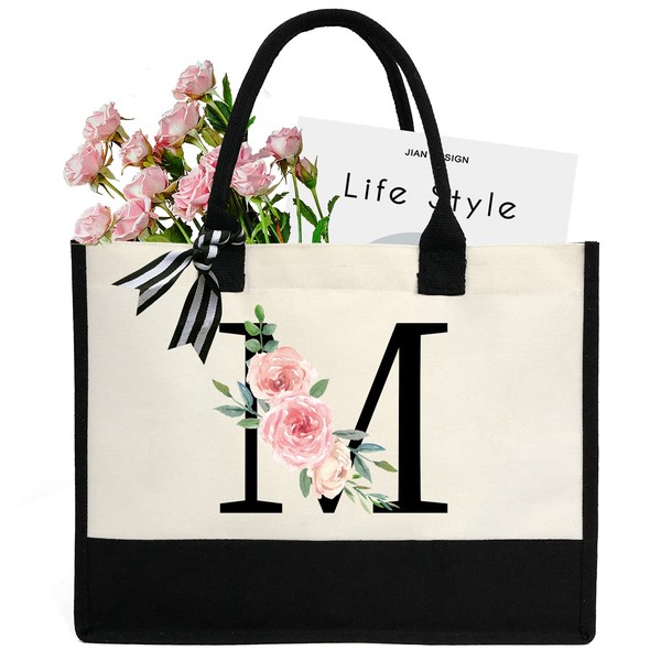 sundee Personalized Initial Canvas Beach Bag, Canvas Tote Bag with Inner Zipper Pocket, Monogrammed Gifts Tote Bag for Wedding, Birthday, Holiday - Letter M