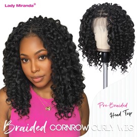 Lady Miranda Braided Wigs for Black Women 12 Inch Curly Wigs Lightweight Synthetic Hair Double Full Lace Braided Wigs Natural Bouncy Curl (Natural Black,12 Inch)