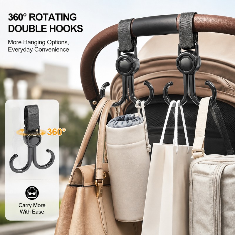 Stroller Hooks for Bags & Accessories – 360° Rotating Double