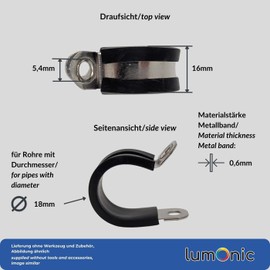 Lumonic 5 x 18 mm pipe clamps with rubber insert, stainless steel V2A, cable clamps for screwing, hose clamp 18 mm, pipe clamps, mounting clamp 18