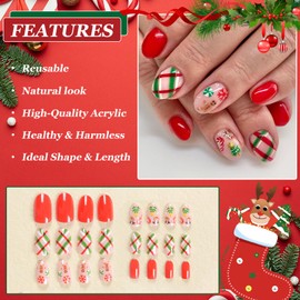 Pack of 24 Christmas Nails for Sticking, Short Almond, Oval French Stripes, Press on Nails, Cute Gingerbread Man, Candy Cane Fingernails, False Nails, Full Cover False Nails for Women