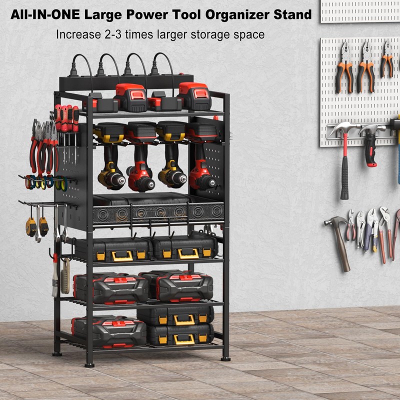 JUNNUJ Power Tool Organizer Floor Stand with Charging Station, Garage