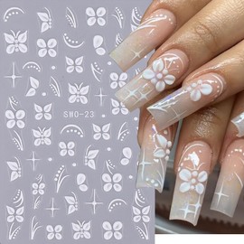 White Flower Nail Art Stickers Summer White Hawaiian Flowers Nail Decals 3D Self-Adhesive Flower Nail Art Supplies Summer Cute Floral Nail Designs Manicure Sliders for Women Nail Art Decorations
