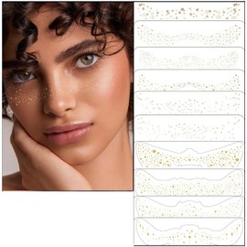 Pack of 10 Gold Glitter Freckles Face Tattoos - 10 Style Shapes Sparkle Freckles for Face, Long-Lasting Waterproof Glitter Face Stickers Face Makeup for Women