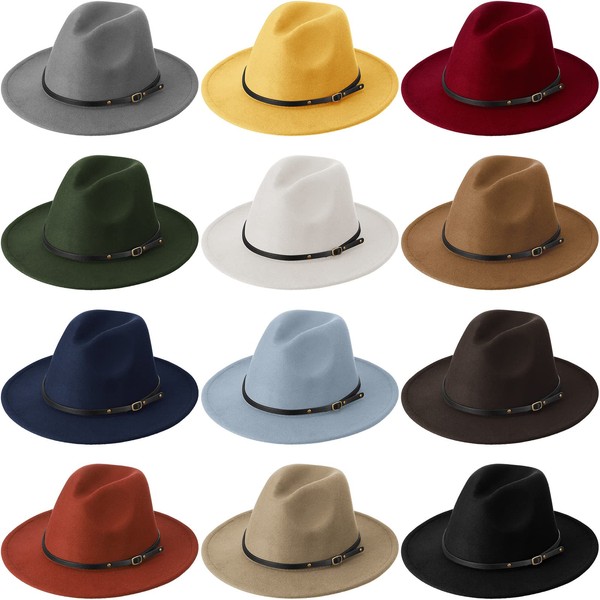12 Pieces Women Wide Brim Hat Belt Buckle Floppy Panama Hat Wool Vintage Hats Bulk Felt Women Jazz Hat Retro Hat (Assorted Colors)