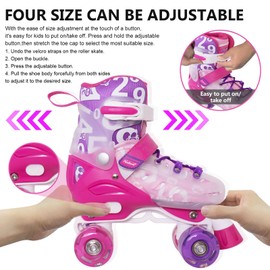 Girl Roller Skates, 4 Size Adjustable, All 8 Light up Wheels Rose Roller Skates for Girls Boys Women, Fun Illuminating Rollerskates for Kids Ages 8-12, Beginners Sports