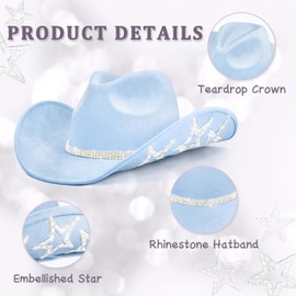 Keilin Rhinestone Cowgirl Hat Disco Cowboy Hat Felt Western Nashville Bachelorette Party Hat for Teens and Adults (Blue, 6 3/4-7 3/8)
