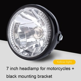 Terisass LED Motorcycle Headlight with Housing 7" Universal 12V H4 35W Motorcycle Retro Headlight Assembly Yellow Clear Lens Super Bright Cafe Racer Headlight w/Black Bracket Mount