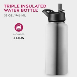 Triple Walled, Insulated Water Bottles with Straw - Stainless Steel Metal Bottle W/ 3 Leak Proof Lids - For Travel, School, Sports, Gym/Men, Women (Brushed Stainless Steel, 25 oz)