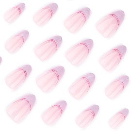 24 Pcs Press on Nails Short Almond Nail Tips,YEFIUO Pink Fake Nails Press ons Purple Cat's Eye French Glue on Nails Acrylic Nail Art Kit Full Cover False Nails with Glitter Design for Ma'am Beginners