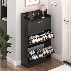 VECELO Shoe Cabinet with 2 Flip Drawers for Entryway, Freestanding Narrow Hidden Storage Organizer with Hooks and Raised Edge, for Hallway, Black