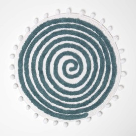 Homescapes Spiral Pattern Bath Mat Tufted with Pom Poms Round Bath Mat 60cm Petrol White Bath Mat Cotton